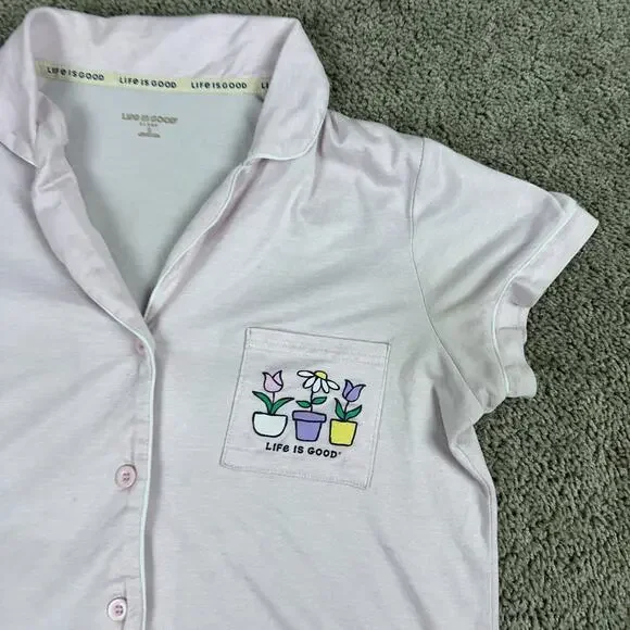 Life Is Good Top Womens S Pink Sleep Shirt Flower Pots Button Front Pajamas READ - Picture 3 of 11